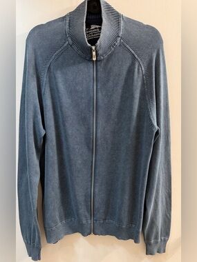 Tommy Bahama Blue Full Zip Mock Neck Sweater XL 100% Cotton Ribbed Knit Cardigan
